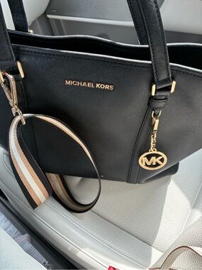 Michael Kors Black Tote with Gold Hardware and Striped Strap
